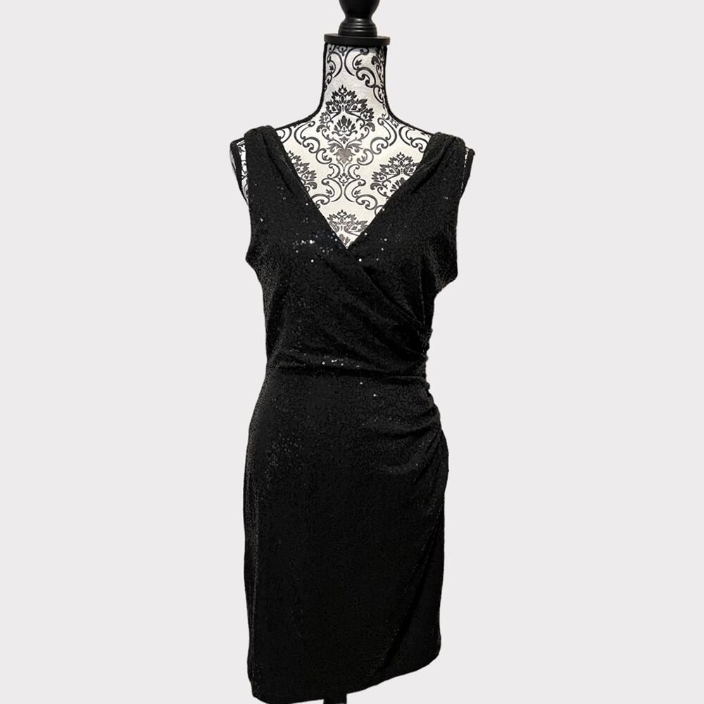 Betsy & Adam NWT Black Sequin Faux Wrap Dress size 8